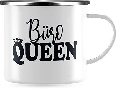 JUNIWORDS Emaille-Tasse, Büro Queen, Silberner Tassenrand