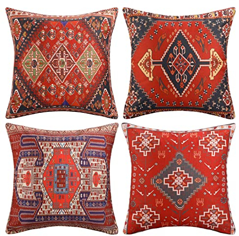 Kissenbezüge 45 x 45 Boho Abstrakt Sofakissen Dekokissen Ethnischer Türkischer Rot Jahrgang Teppich Muster Dekorative Sofakissen Kissenhülle Leinen Couchkissen Bezug für Sofa Wohnzimmer Schlafzimmer