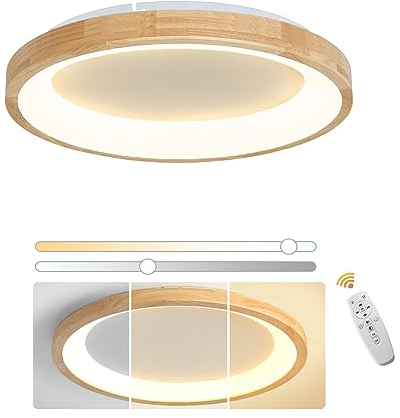 VOMI LED Deckenleuchte Holz mit Fernbedienung Deckenlampe Rund Dimmbar 40 cm, Moderne Flach Holz Lampe Decke 24W für Schlafzimmer Büro Küche Kinderzimmer