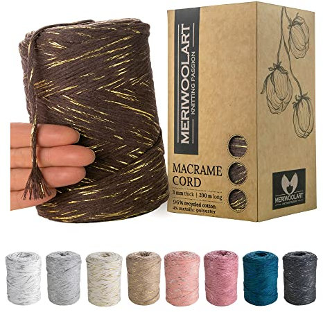 MeriWoolArt® Makramee Garn Braun - Makramee Garn 3mm farbig 200m - Super weiches Garn, einfach gedrehte Makramee Schnur - Öko-Tex 96% recyceltes Baumwollgarn farbig - DIY Boho Deko Makramee
