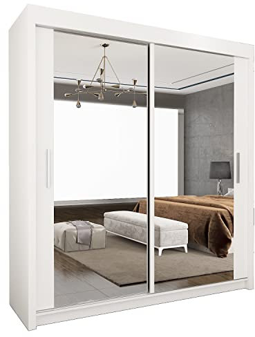UK SLIDING WARDROBE Modern Full Size Double Mirrors 2&3 Sliding Doors Wardrobe With Adjustable Shelves, Hanging Rails,Bedroom Furniture (White, 203cm)