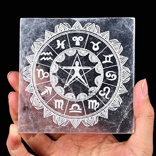 AMOYSTONE Selenite Crystal Charging Plate for Healing Crystal Selenite Pieces Etched Twelve Constellations 4 with Stand