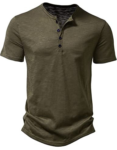 LucMatton Men's Casual Short Sleeve Slim Fit Henley Shirt Stylish 4 Buttons Muscle T-Shirts Army Green X-Large