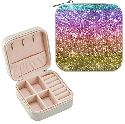 Oarencol Schmuckkästchen mit Regenbogen-Druck, glitzernd, bunt, glitzernd, für Reisen, Schmuck, Aufbewahrungsbox für Ring, Anhänger, Ohrringe, Halsketten, Armband, Geschenk für Frauen und Mädchen