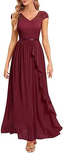 Gardenwed Robe de Soirée Femme Longue pour Mariage Invité Bal Promo Robe Demoiselle d'honneur Pin up en Mousseline Col V Burgundy 2XL