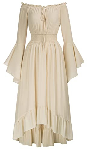 SCARLET DARKNESS Abito Vestito Lungo Donna Medievale Rinascimentale, Spalle Scoperte, Maniche Lunghe Svasate, Linea A