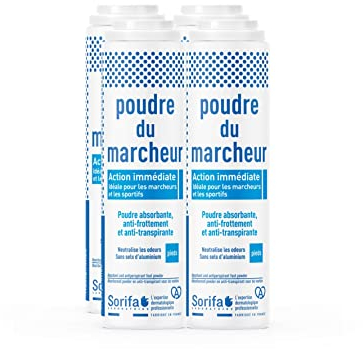 SORIFA - Lot de 4 - Poudre du Marcheur - Anti-transpirante - Absorbante - Pieds – Réduit la transpiration - Elimine odeurs et mycoses - Sans sels d’aluminium - Fabriqué en France - Poudreuse 100 gr
