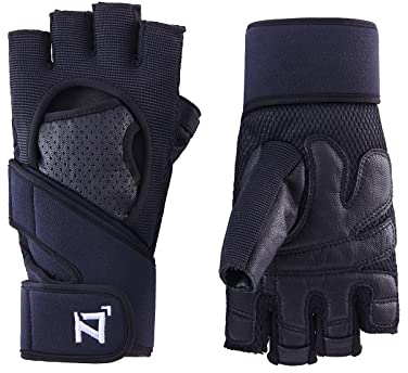 OOZi Fingerlose Fitness Handschuhe für Herren und Damen, stützendem Handgelenkband, Strapazierfähige Griffstellen aus echtem Leder auf der Handfläche, Trainingshandschuhe für Gewichtheben,Gym (M)