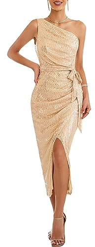GRACE KARIN Elegant Midi Bleistiftkleid Glitzer Pailletten Partykleid mit Schlitz, Farbe: Champagner Gold, Größe: L