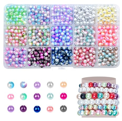 1320 Stück Bunte Perlen zum Auffädeln, 6mm 15 Farben Bastelperlen mit Loch für Schmuckherstellung, Kleine Bunte Kunstperlen Glasperlen zum Auffädeln Set für DIY Armbänder, Halsketten, Kleidung