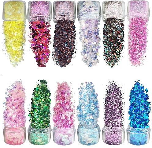 Festival Glitzer Gesicht für Festliche Verkleidungen, 12 Farb-Set Body Glitter für Nagelkunst und Körper, Gesicht, Haare, Kleidungsdekoration, Feminine Glitzer Make Up Pailletten und Festival Zubehör
