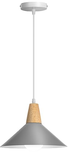LIGKIN Pendelleuchte E27 Moderne Hängeleuchter Industrielle Deckenleuchte Ø25cm Metall Lampenschirm Vintage Holzkronleuchter für Küche Esszimmer Kaffeezimmer, Grau
