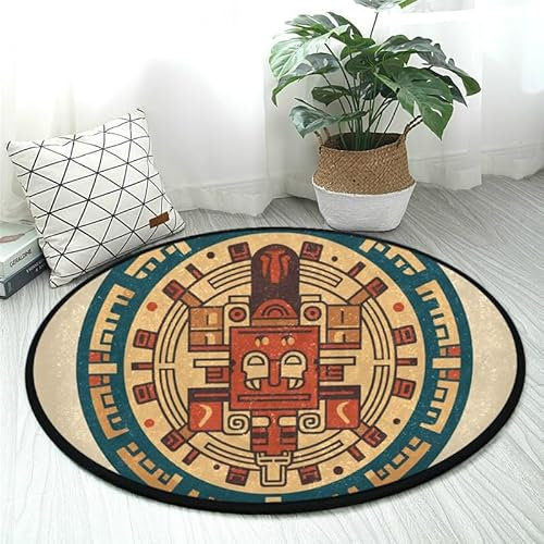 DNOVING Hochwertiger runder Teppich, Azteken-Kalender, Stein-Design, weich, rutschfest, ideal für Küche, Wohnzimmer, Schlafzimmer, waschbar und langlebig