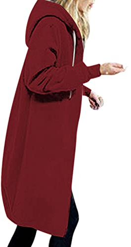 EMATOP Damen Langer Reißverschluss Hoodie Sweatjacke Knielange Kapuze Kordelzug Sweatjacke Oversize Kapuzenpullover Langarm Zipper Kapuzenjacke Jacke Outwear mit Kapuze Hoodie