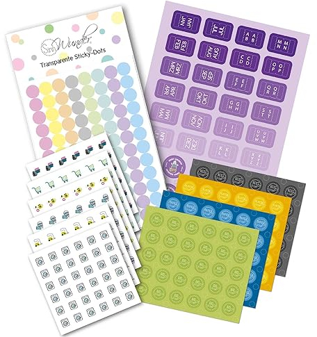 Großes SinnWunder® Planer-Sticker Set mit 754 Aufklebern für Monate, ABC, Haushalt, Mülltermine und transparente Sticky-Dots - Flieder