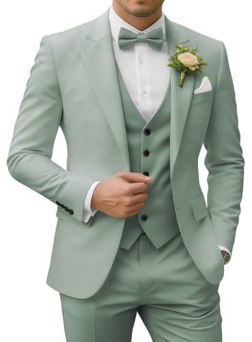 SPTALLFITJSV Costume 3 pièces pour Homme - Coupe ajustée - Blazer à Deux Boutons - Gilet et Pantalon - pour Mariage, Bal de Fin d'année, fête, Vert grisé, Taille XL