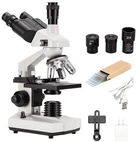 WQV 40X-5000X Verbundmikroskop, Professionelles Trinokular-Mikroskop für Erwachsene, Labor, mit Mikroskop-Objektträgern, WF10X & WF25X Okularen, Abbe-Kondensator, unterstützt Bildschirm PC Phone