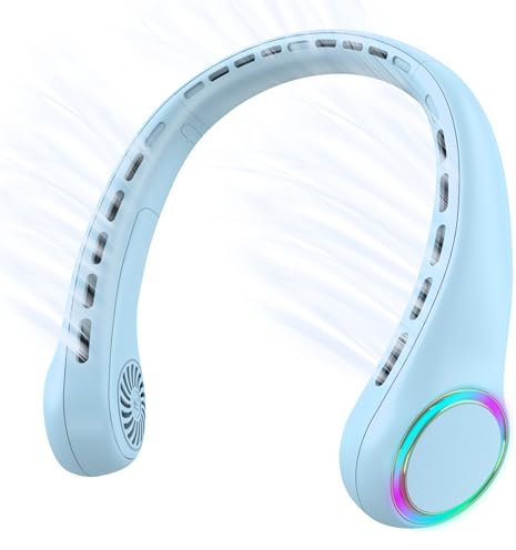 Portable Neck Fan With 5-17H Lifespan, 4000mAh Battery, 3 Adjustable Speeds, 64 Cool Lights - Rechargeable Hands-Free Cooling for Summer (Pure Blue)