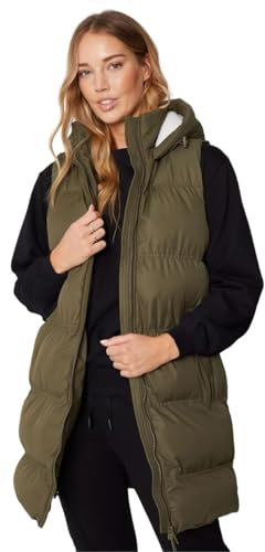 Spindle Womens Ladies Long Padded Hooded Gilet Jacket Sleeveless Bodywarmer with Side Pockets and Inner Pocket Khaki M