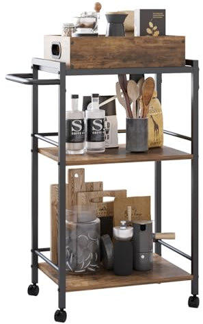 VonDream 3-stöckiger Barwagen für Zuhause, Servierwagen mit Rollen und Griff, 3-stöckiger Getränkewagen mit abnehmbarem Tablett und Aufbewahrungsregalen für Wohnzimmer, Küche