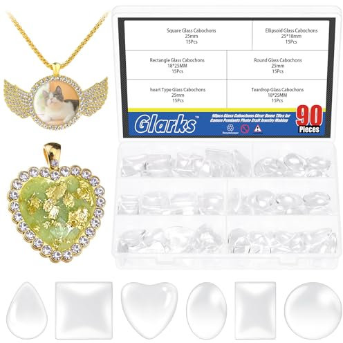 Glarks 90pcs 25mm Glas Kuppel Cabochons Set, oval, rund, Herz, Quadrat, Rechteck, Tränenformen, flache Rückseite Klarglas Cabochon Fliesen, Glas Cabochons für Foto Anhänger Schmuck