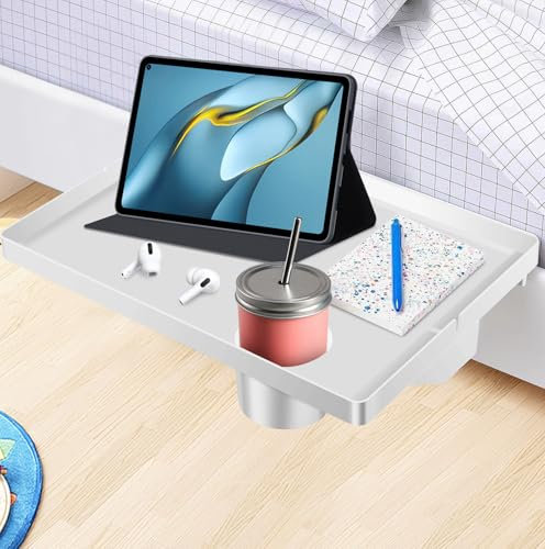Bedside Shelf with Cup Holder, Clip-On Dorm Bunk Bed Tray 43x30cm Portable Bedside Table Mini Nightstand for Dorm Room Home(White)