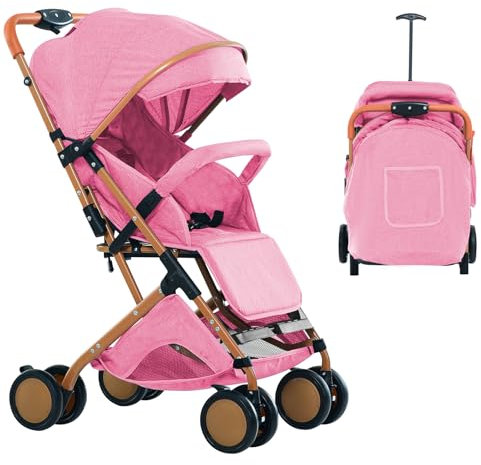 WODFARR Kompakter Buggy, mit Liegeposition, ab Geburt bis 4 Jahre (bis zu 25 kg), sitzend oder liegend, verstellbarer Griff, Kinderwagen mit 4 Rädern mit Baumwollmatte + Moskitonetz (Rosa)
