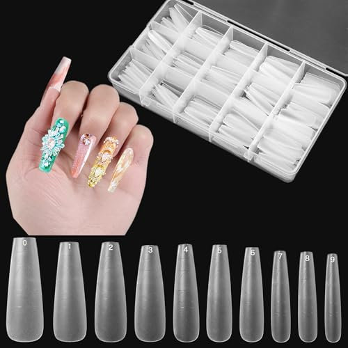 300 PCS XL Coffin Nail Tips, 15 Sizes Acrylic Guiding Line Nail Tips, Clear Full Cover Press on Nail with Auxiliary Positioning Line, Extra Long Nail Extension Tips for Beginners Salons Home DIY
