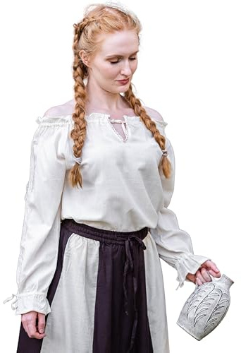 Leonardo Carbone® Damen Bluse Mittelalterbluse Bettina | Rüschen-Décolleté | Spitzenakzente | Karneval, Halloween, Cosplay, LARP, Tunika, Hemd, Kostüm | 100% Baumwolle Natur 2XL