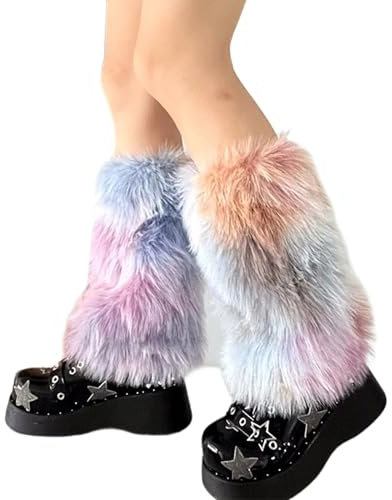 Wjsdsg Damen-Beinstulpen, Plüsch-Beinstulpen, japanisches Vintage-Batikmuster, bunt, Winter, warm, pelzige Beinstulpen, Regenbogenfarben, Einheitsgröße