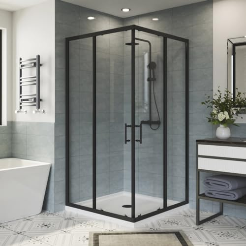 Aquariss 900 x 900 mm Black Shower Enclosure and Anthracite Shower Tray Set | Easy Clean Sliding Doors, Space Saving, Bathroom Square Shower Enclosure Cubicle, Reversible, Wet Room, Corner Entry