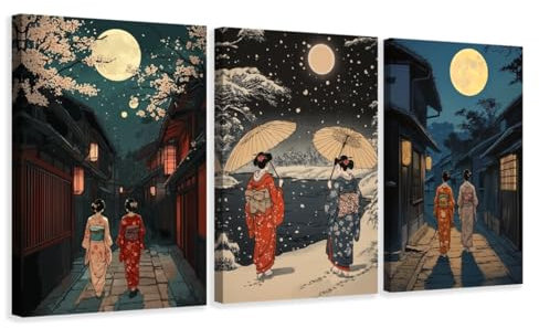 CCWACPP Japanisches Leinwandposter Geisha Bilder asiatische 3 teilige Wanddekoration Japan Frauen Drucke japanisches Thema Raumdekoration mit Rahmen (40x60cmx3)