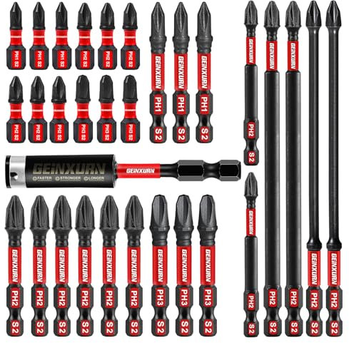 Geinxurn PH2 Phillips Screwdriver Bit Set, 30 Pieces 50 mm #2 Phillips 1/4 inch Hexagonal Shaft S2 Alloy Steel Impact Bit Set with 1PC 60 mm Magnetic Bit Holder