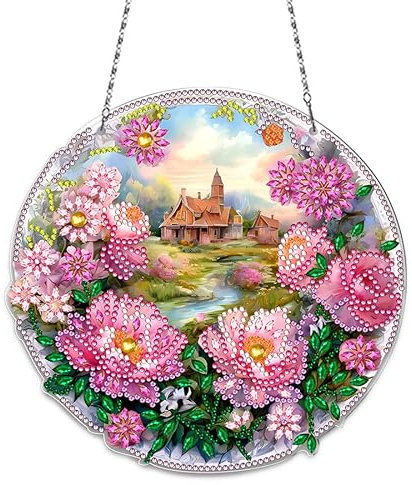 FONDUO Diamant Painting Frühling Fenster Deko Anhänger mit Kette Fensterbilder Türkranz für Frühling Ostern Wandbehang Kits (D)