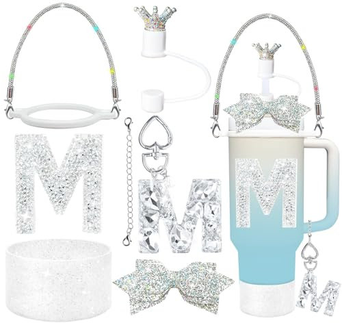 8Pcs Silvery Stanley Cup Accessories Set for Stanley Cup 30&40 Oz Tumbler, Silicone Straw Cover Cap and Boot, Handle Letter Charm, Bow Decoration Initial Sticker, Diamond Water Bottle Handle Strap (M)