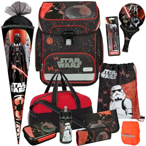 Scooli Schulranzen Jungen 1.Klasse EasyFit (12tlg. Set mit Sporttasche Brotdose Trinkflasche, passend dazu Sporttasche Schultüte Schreibset Folienballon, Regenhülle gratis, Star Wars)