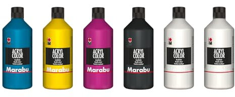 Marabu Acryl Color Big Pack, 6 x 500 ml, cremige Acrylfarbe auf Wasserbasis, schnell trocknend, lichtecht, wasserfest, zum Auftragen mit Pinsel und Schwamm auf Leinwand, Papier und Holz