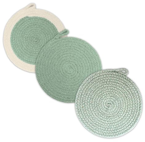 Encasa XO Runde Topfuntersetzer Mit Aufhängeöse | Salbei-Kombination - Set aus 3 Mit 18 cm Durchmesser | Baumwoll-Runde Dicke Hitzebeständige | Für heiße Töpfe und Pfannen verwenden