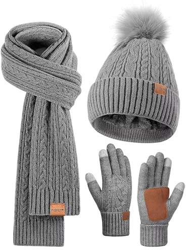 FISFET Mütze, Schal & Handschuh-Sets für Damen, Beanie Mütze Damen Winter mit Bommel Fleece Gefütterte, Touchscreen Handschuhe Schal Wärmer Cap 3 in 1 Set