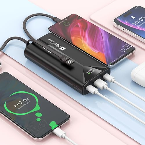 Power Bank 20000mAh, Schnellladegerät mit 3-in-1 Kabel, 22,5W, LED-Digitalanzeige, 4 USB-Anschlüsse, Schwarz