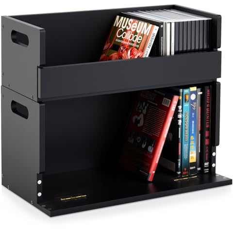 CroBlissful 2 Set Wooden DVD and CD Storage Box Cassette Tape Display Stand Holder Rack with Carrying Handle, Organizer Shelf for Movie Cases, Each Can Store up to 36 CDs and 26 DVDs (Black)