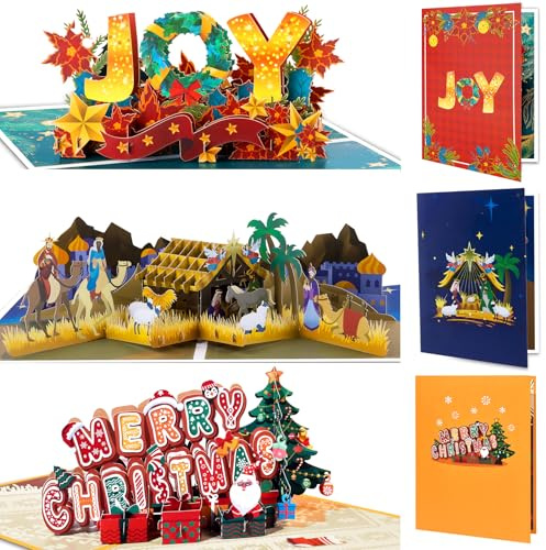 GREETING ART Christmas Pop Up Cards, 3 Pack Pop Up Xmas Greeting Cards, Xmas Card with Envelopes Nativity Eve, Merry Christmas and Joy Holiday Card for Winter or Holidays