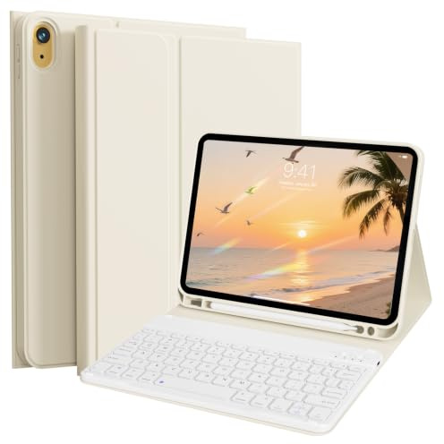 GKABXY Case With Keyboard for iPad A16 11th/10th Generation 2025/2022 | For iPad 11th/10th Gen 11/10.9 inch, Magnetically Detachable Wireless Bluetooth Keyboard, Slim Folio Protective, Cream White