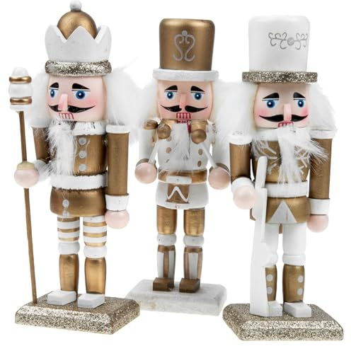 LIGIGWASH 3 Stück 3-teiliges Holz Nussknacker Deko in Gold-weiß Kreative Weihnachtsbaum Anhänger Liebevolle Weihnachtsdeko zum Hängen und Aufstellen für Tisch Regal und Geschenke