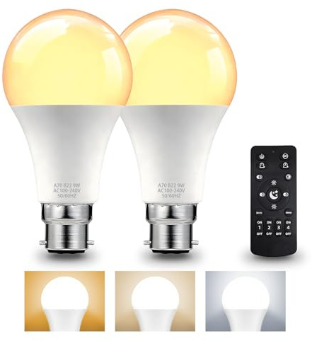 HomiShine B22 LED Bulb with Remote Control, 9W LED Bulbs 60W Equivalent, 3000K-6500K Stepless Dimmable Remote Control Light Bulb with Timing, Memory Function, B22 Base, 800LM, 2 Bulb & 1 Remote