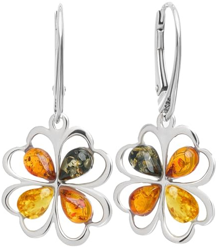 miyou - Bernstein Ohrringe Damen Hängend Silber 925 – Glücksbringer Kleeblatt – Ohrhänger mit Naturbernstein & Englischem Verschluss (Sterling Silber)