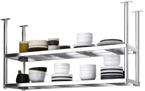 Stainless Steel Wall Shelves, 2-Tier Hanging Pot and Pan Rack, Ceiling Mount Industrial Shelving for Cookware and Utensils