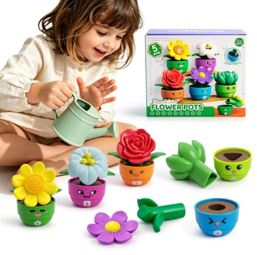 Toddlers Flower Garden Buliding Toys Montessori Sorting & Stacking Game Toy | BPA & Glue-Free Material, Travel & Preschool Kindergarten Must Have, 3 Year Old Girl Birthday Gift, 5pcs Gardening Plant Toy