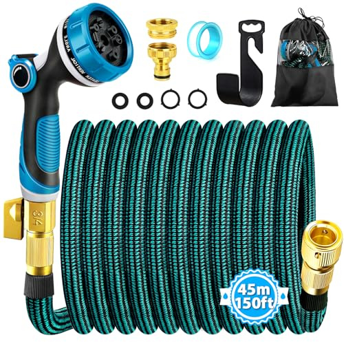 Tubo Acqua Giardino,Tubo Estensibile da Giardino con connettore in ottone da 3/4' e 1/2',Canna Acqua Giardino con ugello spruzzatore a 10 funzioni,45 metri Gomma per Innaffiare,Tubo Irrigazione (45M)