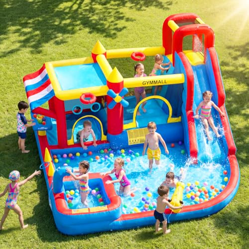 GYMMALL Castillo Hinchable 10 en 1 Niños – Supermercado Simulado, Tobogán de Agua, Piscina de Chapoteo, Tobogán Largo, Trampolín, Soplador 550W – Ideal Cumpleaños, Fiestas, Vacaciones